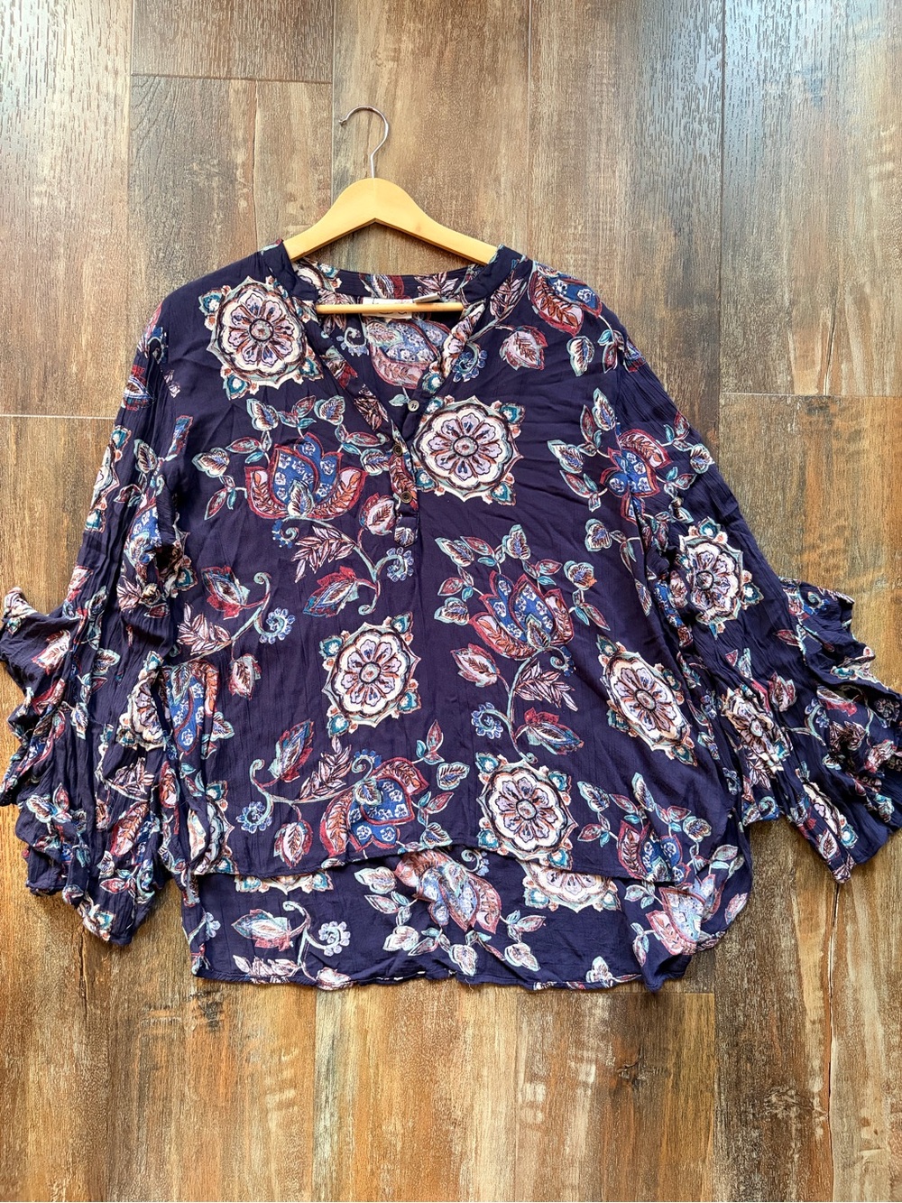 Emma G Women's L Navy Floral Rayon Button Ruffle Sleeve Blouse Boho Cottagecore